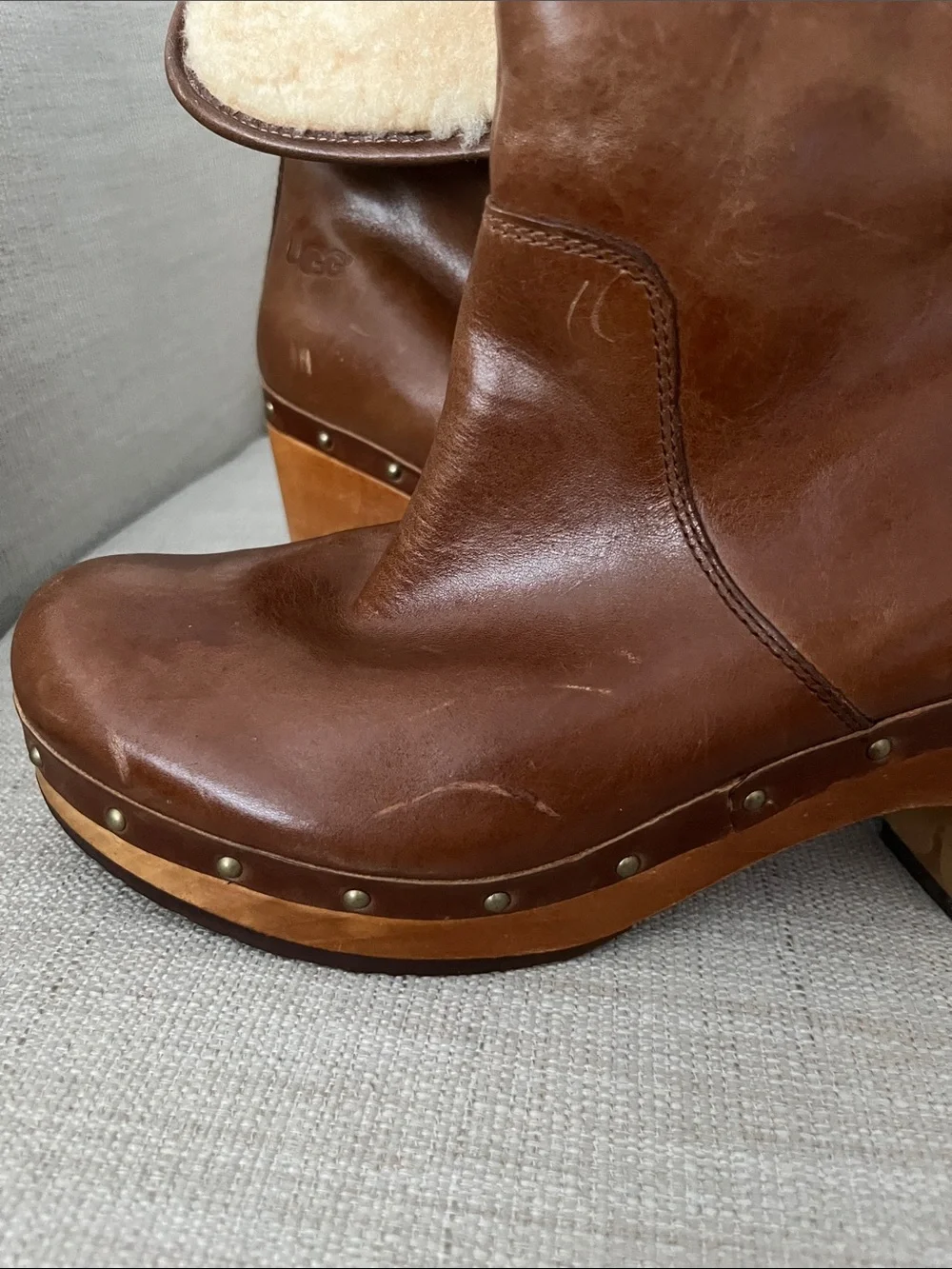 UGG Brown Leather Clog Heeled Boots - Picture 11 of 12
